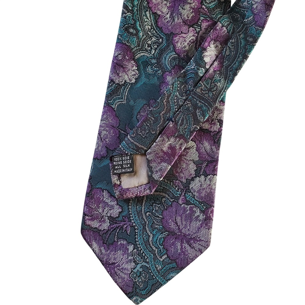 Bachrach Mens Silk Tie Purple Teal Floral Paisley Made in Italy 3.5 Inch Width